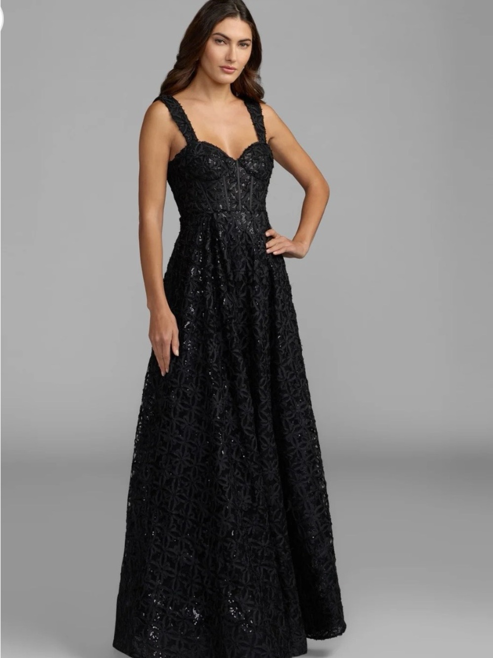 Mac Duggal Black Embroidered Sweetheart Neck Maxi Dress